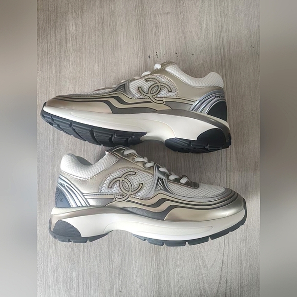 CHANEL Shoes - Chanel Silver and White Sneakers